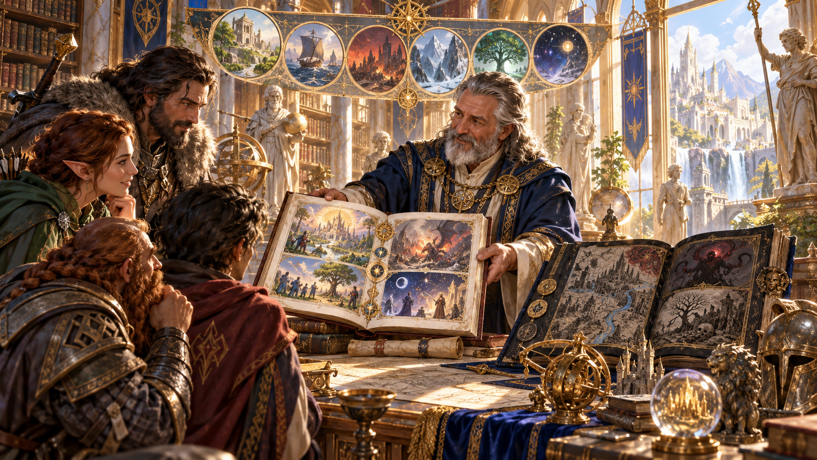 Fantasy illustration of a storyteller showing companions an illustrated world chronicle with another volume nearby