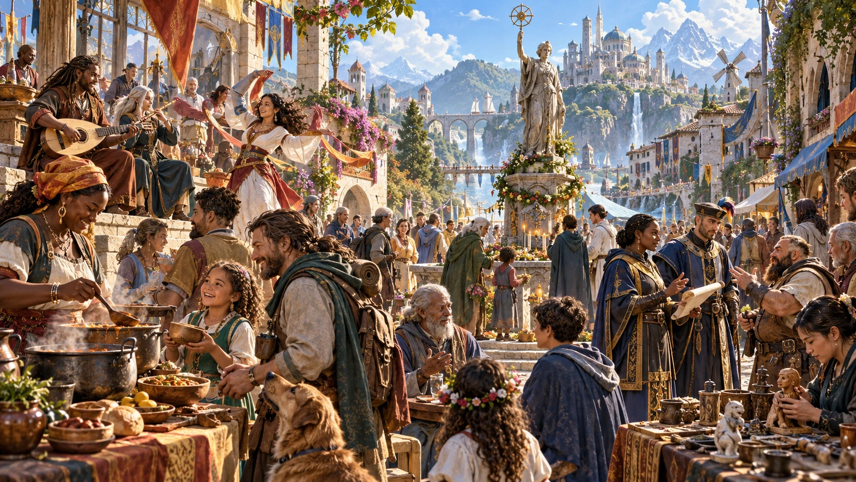 Fantasy illustration of people sharing food, music and stories in a living community
