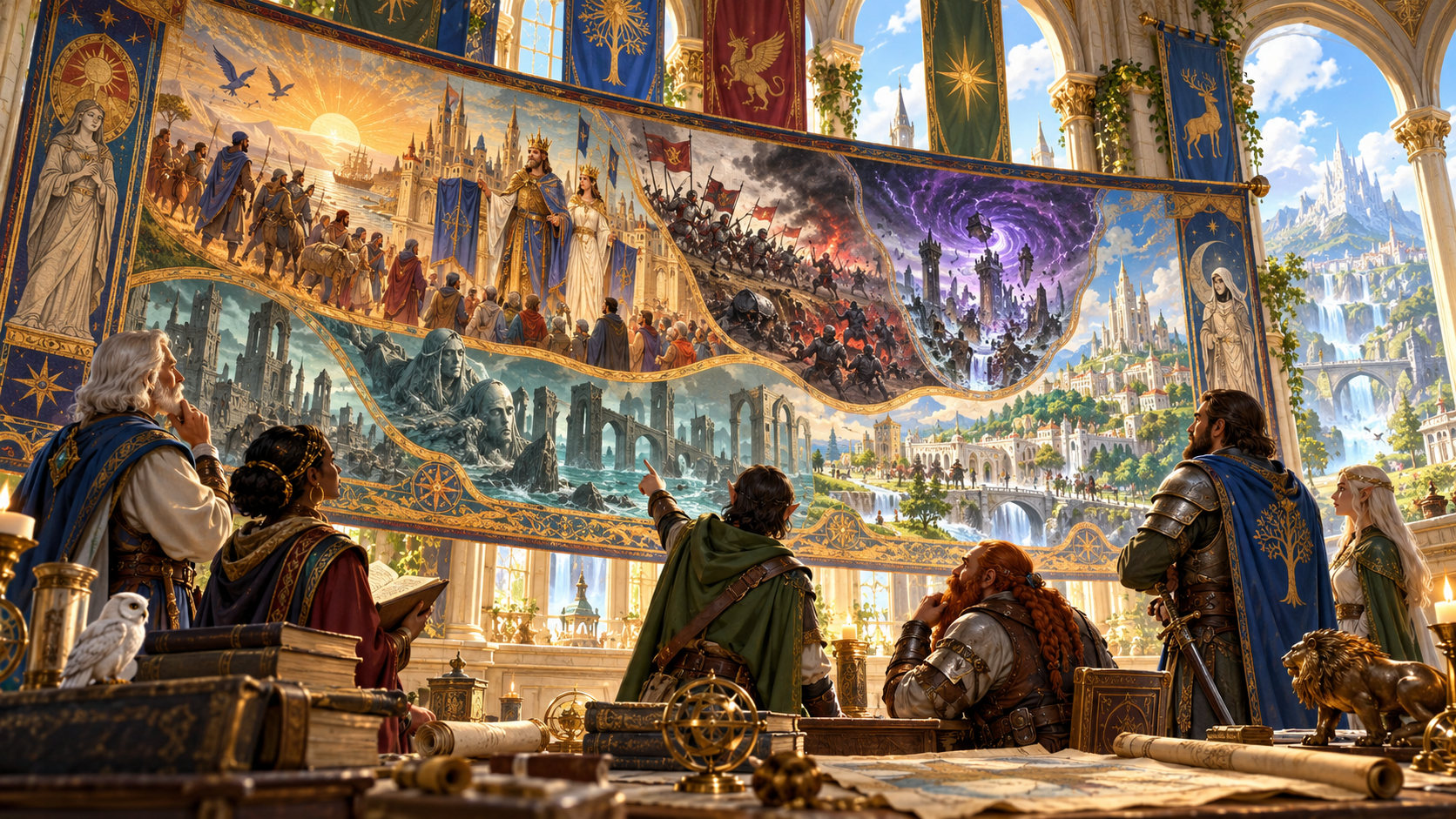 Fantasy illustration of companions studying a tapestry of connected eras in a great hall
