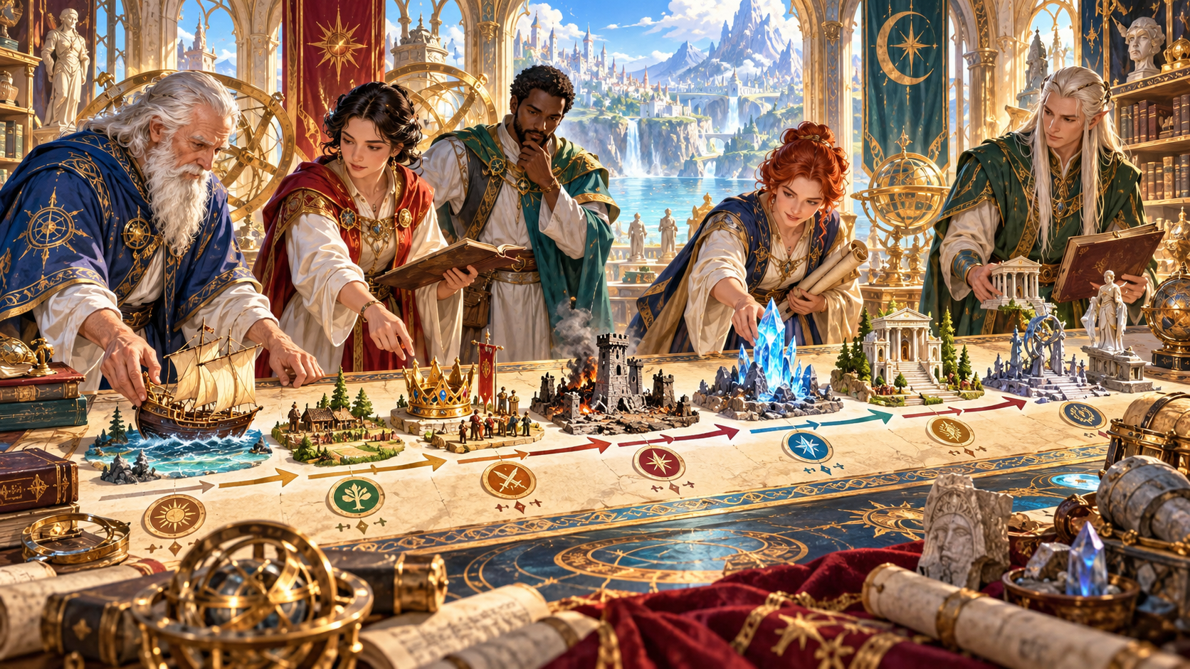 Fantasy illustration of historians examining a timeline of migrations, rulers and turning points