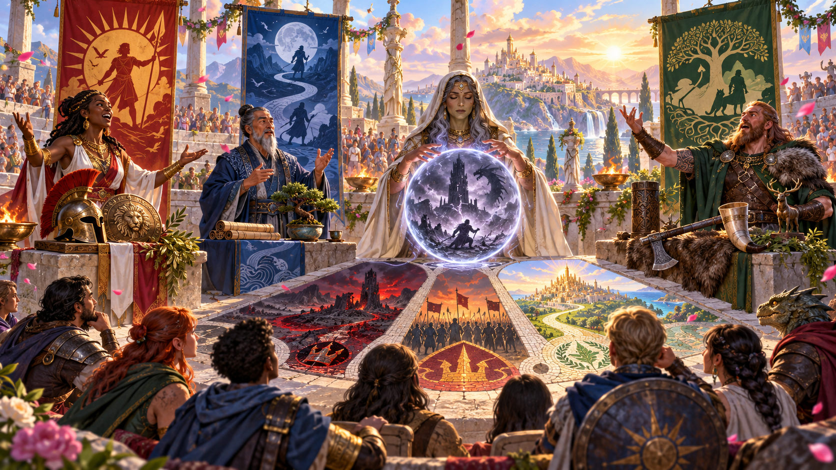 Fantasy illustration of different myth tellers and a seer presenting several possible futures